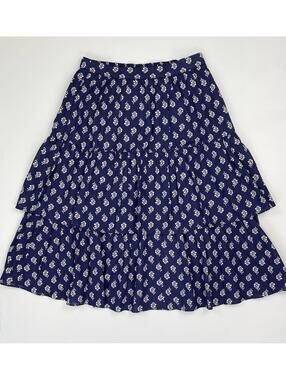 NWT J Crew Factory Tiered A Line Skirt Blue Floral Cotton Pull On Block Print SM